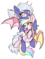 Size: 2368x3104 | Tagged: safe, artist:hawthornss, oc, oc only, oc:moon sugar, oc:paper stars, bat pony, pony, amputee, cute, cute little fangs, ear fluff, eyeshadow, fangs, grin, high res, looking at you, makeup, siblings, simple background, smiling, transparent background