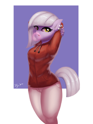Size: 2000x2667 | Tagged: safe, artist:burgerkiss, limestone pie, earth pony, anthro, g4, arm behind head, bubblegum, clothes, ear piercing, earring, female, food, gum, high res, hoodie, jewelry, looking at you, misleading thumbnail, not what it looks like, piercing, skintight clothes, solo