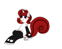 Size: 1550x1240 | Tagged: safe, artist:feralroku, derpibooru exclusive, oc, oc only, oc:lilith, pony, unicorn, butt freckles, freckles, simple background, sitting, solo, tongue out, transparent background