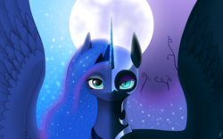 Size: 1024x640 | Tagged: safe, artist:draknairy, nightmare moon, princess luna, two sided posters, g4, looking at you, moon, spread wings, stars