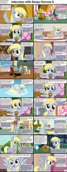Size: 1282x3304 | Tagged: safe, derpy hooves, pinkie pie, rainbow dash, pegasus, pony, comic:celestia's servant interview, g4, background pony, basket, caption, comic, cs captions, cute, derpabetes, female, food, hoof hold, interview, looking at you, mare, muffin, ponyville, that pony sure does love muffins