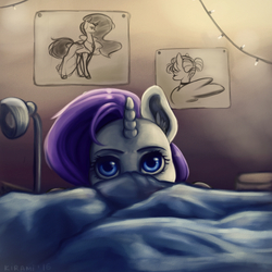 Size: 1000x1000 | Tagged: safe, artist:kira-minami, rarity, g4, bed, bedroom, behaving like a cat, blanket, cute, female, looking at you, nightmare fuel, not creepy, peeking, raribetes, she knows, solo, soon, stare, uncanny valley