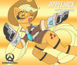 Size: 2726x2319 | Tagged: safe, artist:bakumaru01, applejack, g4, clothes, cosplay, costume, crossover, female, goggles, high res, newbie artist training grounds, overwatch, solo, tracer