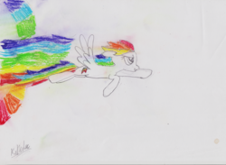 Size: 1365x1000 | Tagged: safe, artist:greeny3003, rainbow dash, g4, female, newbie artist training grounds, solo, sonic rainboom, traditional art