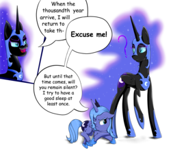 Size: 1800x1600 | Tagged: safe, artist:kiarawizard01, nightmare moon, princess luna, g4, annoyed, comic, duality, filly, floppy ears, prone, s1 luna, self ponidox, woona, younger