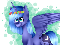 Size: 3200x2400 | Tagged: safe, artist:lcandys, princess luna, g4, female, floral head wreath, high res, s1 luna, smiling, solo, spread wings