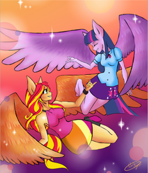 Size: 800x936 | Tagged: safe, artist:renshadowlily, sunset shimmer, twilight sparkle, equestria girls, g4, alicornified, clothes, female, flying, lesbian, ponied up, race swap, shimmercorn, ship:sunsetsparkle, shipping, skirt, smiling, twilight (astronomy), twilight sparkle (alicorn)