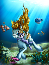 Size: 3840x5000 | Tagged: safe, artist:neko-me, dinky hooves, prince blueblood, fish, fanfic:where is my love?, g4, absurd resolution, bubble, fanfic art, father and daughter, female, glowing horn, horn, magic, male, open mouth, smiling, underwater