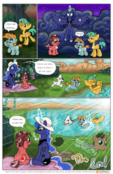 Size: 1300x2000 | Tagged: safe, artist:smudge proof, princess luna, snails, snips, oc, oc:halcyon, oc:tails, dog, original species, comic:heads and tails, g4, breaking the fourth wall, bubble, cake, cake cake, cannonball, comic, crepuscular rays, everfree forest, food, forest, lake, looking at you, magic, patreon, patreon logo, princess of the night mode, skinny dipping, stick, water, wet