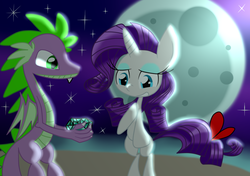 Size: 1700x1200 | Tagged: safe, artist:lovehtf421, rarity, spike, pony, g4, bipedal, gem, male, marriage proposal, moon, older, older spike, ship:sparity, shipping, straight