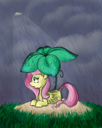 Size: 1464x1840 | Tagged: safe, artist:invertigo, fluttershy, pegasus, pony, g4, clearing, crepuscular rays, female, folded wings, giant flower, leaf umbrella, looking up, lying down, profile, prone, rain, solo