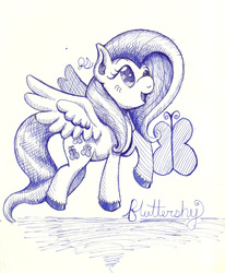 Size: 4702x5710 | Tagged: safe, artist:dmiester55, fluttershy, g4, absurd resolution, ballpoint pen, female, flying, looking up, monochrome, name, raised hoof, solo, spread wings, traditional art