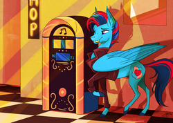 Size: 3000x2131 | Tagged: safe, artist:probablyfakeblonde, oc, oc only, oc:andrew swiftwing, pegasus, pony, 1950s, 50s, bits, clothes, cutie mark, diner, greaser, hair over one eye, high res, jacket, jukebox, leather jacket, male, stallion, wings