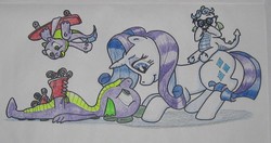 Size: 753x397 | Tagged: safe, artist:hillbe, rarity, spike, oc, dracony, hybrid, g4, interspecies offspring, male, newbie artist training grounds, offspring, parent:rarity, parent:spike, parents:sparity, roller skates, ship:sparity, shipping, skateboard, straight, sunglasses, traditional art