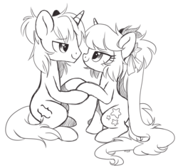 Size: 2736x2584 | Tagged: safe, artist:hawthornss, derpibooru exclusive, oc, oc only, oc:seren, oc:seren song, oc:spikefire, pony, unicorn, cute, high res, long mane, male, monochrome, shipping, sitting, straight, twintails