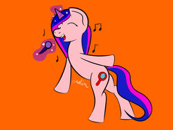 Size: 4000x3000 | Tagged: safe, artist:ninjalink07, oc, oc only, oc:mirror, pony, unicorn, eyes closed, female, high res, horn, mare, microphone, music notes, newbie artist training grounds, orange background, simple background, singing, solo, unicorn oc