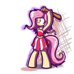 Size: 1280x1280 | Tagged: safe, artist:heir-of-rick, fluttershy, bat pony, pony, semi-anthro, g4, arm hooves, baseball bat, bipedal, cheerleader, clothes, cute, female, flutterbat, midriff, newbie artist training grounds, pleated skirt, pun, race swap, shyabates, shyabetes, skirt, solo, tank top, torn clothes, visual pun