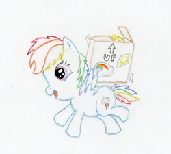 Size: 1304x1175 | Tagged: safe, artist:kirbyliscious, rainbow dash, g4, box, female, filly, filly rainbow dash, foal, newbie artist training grounds, solo, traditional art