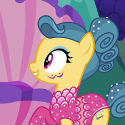 Size: 506x507 | Tagged: safe, screencap, gladmane, trapeze star, earth pony, pony, g4, season 6, viva las pegasus, ^^, animated, background pony, blinking, blushing, cropped, cute, eyes closed, female, floppy ears, gif, grin, happy, hoof over mouth, lip bite, male, mare, offscreen character, smiling, stallion, talking