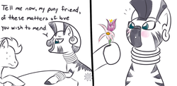 Size: 1280x623 | Tagged: dead source, safe, artist:yakoshi, zecora, zebra, g4, anon pony, blushing, cute, dialogue, flower, monochrome, newbie artist training grounds, rhyme, sweatdrop, zecorable