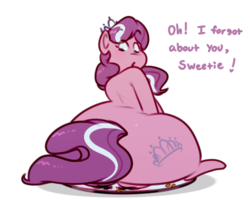 Size: 500x400 | Tagged: safe, artist:secretgoombaman12345, diamond tiara, sweetie belle, ask chubby diamond, g4, :o, butt crush, chubby diamond, dialogue, female, flattened, large butt, lesbian, meanie belle, open mouth, ship:diamondbelle, shipping, simple background, transparent background
