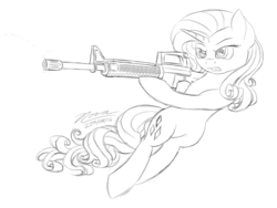 Size: 1024x768 | Tagged: safe, artist:novaintellus, rarity, pony, unicorn, g4, ar-15, female, gun, monochrome, newbie artist training grounds, solo, weapon