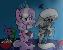 Size: 953x761 | Tagged: safe, artist:xxsunsetshimmer23xx, diamond tiara, silver spoon, g4, clothes, controller, creeper, food, popcorn, socks, striped socks