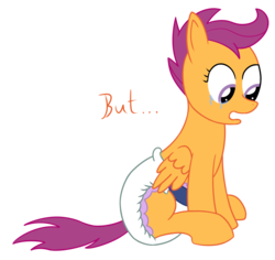 Size: 1800x1700 | Tagged: safe, artist:leadpie, derpibooru exclusive, scootaloo, pegasus, pony, g4, crinkleloo, crying, diaper, female, non-baby in diaper, sad, simple background, solo, transparent background