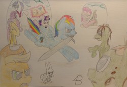 Size: 2563x1753 | Tagged: safe, artist:bikebrony, angel bunny, applejack, fluttershy, pinkie pie, rainbow dash, rarity, twilight sparkle, zombie, zombie pony, ponyfinder, g4, dungeons and dragons, mane six, pen and paper rpg, rpg, traditional art