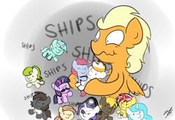 Size: 1600x1100 | Tagged: safe, artist:bojo, lyra heartstrings, rarity, twilight sparkle, oc, oc:cream heart, oc:vengeful strudel, earth pony, pegasus, pony, unicorn, g4, earth pony oc, female, mare, shipper on deck