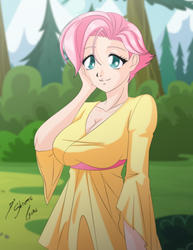 Size: 2153x2786 | Tagged: safe, artist:shinta-girl, fluttershy, human, g4, alternate hairstyle, breasts, busty fluttershy, cleavage, female, high res, humanized, short hair, solo