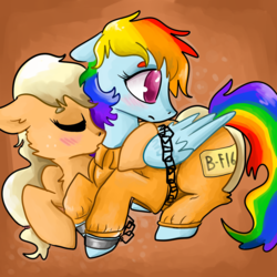 Size: 1200x1200 | Tagged: safe, artist:nicothemintyrabbit, applejack, rainbow dash, earth pony, pegasus, pony, g4, b-f16, bound wings, chains, clothes, cuffs, female, kissing, lesbian, mare, prison outfit, prisoner, prisoner rd, shackles, ship:appledash, shipping