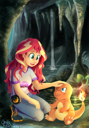 Size: 1400x2000 | Tagged: safe, artist:daughter-of-fantasy, sunset shimmer, charmander, equestria girls, g4, cave, clothes, crossover, duo, female, mushroom, pokémon, waterfall