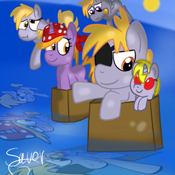 Size: 2000x2000 | Tagged: safe, artist:saveraedae, chirpy hooves, crackle pop, derpy hooves, dinky hooves, dipsy hooves, g4, the cart before the ponies, brother and sister, dizzy hooves, eyepatch, high res, newbie artist training grounds, ocean, pirate, siblings, water