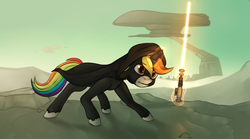 Size: 3933x2184 | Tagged: safe, artist:marsminer, oc, oc only, oc:rainbow heart, high res, jedi, lightsaber, solo, star wars, weapon