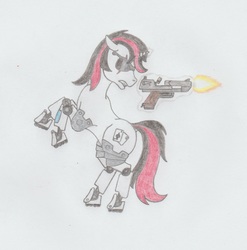 Size: 1052x1064 | Tagged: safe, artist:agentappleblanket, oc, oc only, oc:blackjack, cyborg, pony, unicorn, fallout equestria, fallout equestria: project horizons, amputee, cutie mark, cybernetic legs, deal with it, desert eagle, fanfic, fanfic art, female, glowing horn, gun, handgun, hooves, horn, level 1 (project horizons), levitation, magic, mare, pencil drawing, pistol, rearing, scar, shooting, simple background, solo, sunglasses, teeth, telekinesis, traditional art, weapon, white background