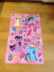 Size: 2592x1936 | Tagged: safe, fluttershy, pinkie pie, rainbow dash, twilight sparkle, alicorn, pony, g4, official, apple, balloon, brazil, cherry, cloud, cupcake, cute, elements of harmony, food, heart, irl, merchandise, photo, rainbow, towel, twilight sparkle (alicorn), zap apple