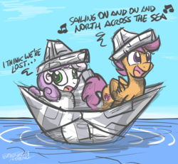 Size: 2656x2454 | Tagged: safe, artist:flutterthrash, scootaloo, sweetie belle, pegasus, pony, unicorn, g4, dialogue, female, filly, foal, folded wings, hat, high res, iron maiden, music notes, newbie artist training grounds, ocean, open mouth, paper boat, paper hat, powerslave (album), rime of the ancient mariner, signature, singing, song reference, talking, the cmc's cutie marks, water, wings