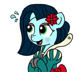 Size: 640x600 | Tagged: safe, artist:ficficponyfic, color edit, edit, oc, oc only, oc:emerald jewel, colt quest, clothes, color, colored, colt, crossdressing, dress, eyeshadow, femboy, flower, flower in hair, foal, makeup, male, nervous, shoes, solo, trap