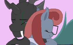 Size: 640x399 | Tagged: safe, artist:herooftime1000, oc, oc only, oc:clavus, oc:cryptania, bat pony, changeling, pony, octavia in the underworld's cello, awww, crying, hug, pixel art, smiling, this will end in tears
