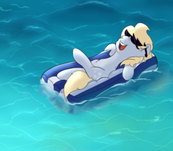 Size: 1141x1000 | Tagged: safe, artist:klemm, derpy hooves, pegasus, pony, g4, deal with it, drifting, female, inflatable, mare, newbie artist training grounds, ocean, relaxing, solo, sunglasses, water, wave