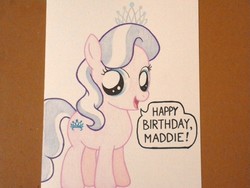 Size: 2560x1920 | Tagged: safe, artist:youregoingtoloveme, diamond tiara, earth pony, pony, g4, birthday card, colored pencil drawing, female, filly, jewelry, marker drawing, photo, simple background, solo, tiara, traditional art