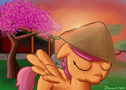 Size: 2100x1500 | Tagged: safe, artist:drakinite, scootaloo, g4, asian, asian conical hat, cherry blossoms, hat, spread wings, sunset, wings