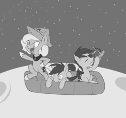 Size: 1067x1000 | Tagged: safe, artist:dstears, princess luna, oc, oc:frolicsome meadowlark, oc:sunshine smiles (egophiliac), bat pony, pony, moonstuck, g4, cartographer's cap, filly, grayscale, hat, monochrome, moon, sextant, woona