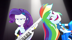 Size: 1920x1080 | Tagged: safe, screencap, rainbow dash, rarity, equestria girls, g4, my little pony equestria girls: rainbow rocks, discovery family, discovery family logo, dreamworks face, duo, face, faic, female, funny face, guitar, keyboard, keytar, musical instrument, rarity is not amused, serious face, top cunt, trollface, u mad, unamused