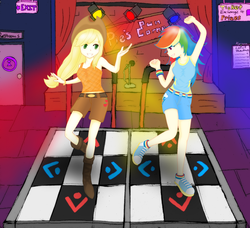 Size: 1850x1686 | Tagged: safe, artist:kyriena, applejack, rainbow dash, human, g4, belt, boots, bracelet, clothes, converse, dance dance revolution, dancing, female, humanized, jewelry, lesbian, microphone, rhythm game, ship:appledash, shipping, shoes, shorts, sneakers, spotlight, stage, sweatband, tank top