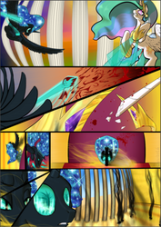 Size: 1087x1536 | Tagged: safe, artist:sevireth, princess celestia, oc, oc:nyx, alicorn, pony, comic:recollection, tumblr:nyx contacts, g4, alicorn oc, blood, comic, horn, magic, nightmare nyx, throne room, tyrant celestia