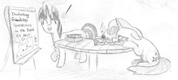Size: 1243x563 | Tagged: safe, artist:t72b, derpibooru exclusive, starlight glimmer, twilight sparkle, alicorn, pony, g4, book, bored, death by powerpoint, lecture, monochrome, newbie artist training grounds, sleepy, table, traditional art, twilight sparkle (alicorn)