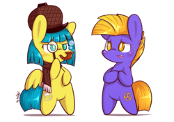 Size: 2480x1748 | Tagged: safe, artist:dsp2003, oc, oc only, oc:ginger ale, oc:shibari, earth pony, pegasus, pony, blushing, bubble, chibi, clothes, detective, ear piercing, earring, female, frown, jewelry, male, nervous smile, piercing, pipe, scarf, simple background, soap bubble, style emulation, transparent background