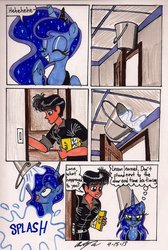 Size: 1024x1521 | Tagged: safe, artist:newyorkx3, princess luna, oc, oc:tommy, human, g4, backfire, comic, dialogue, prank, self insert, traditional art